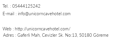 Unicorn Cave Hotel telefon numaralar, faks, e-mail, posta adresi ve iletiim bilgileri
